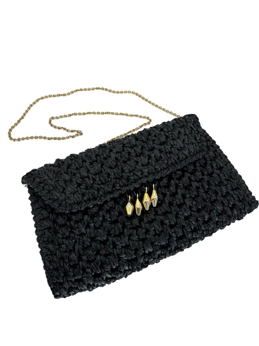 Vintage RODO Raffia Woven Bag Gold Accents Chain Strap Oversized Clutch Black